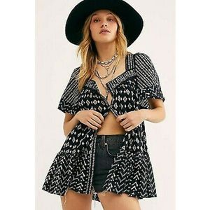 Free People Hearts Desire Printed Mini Dress Lace Buttondown Black M NEW